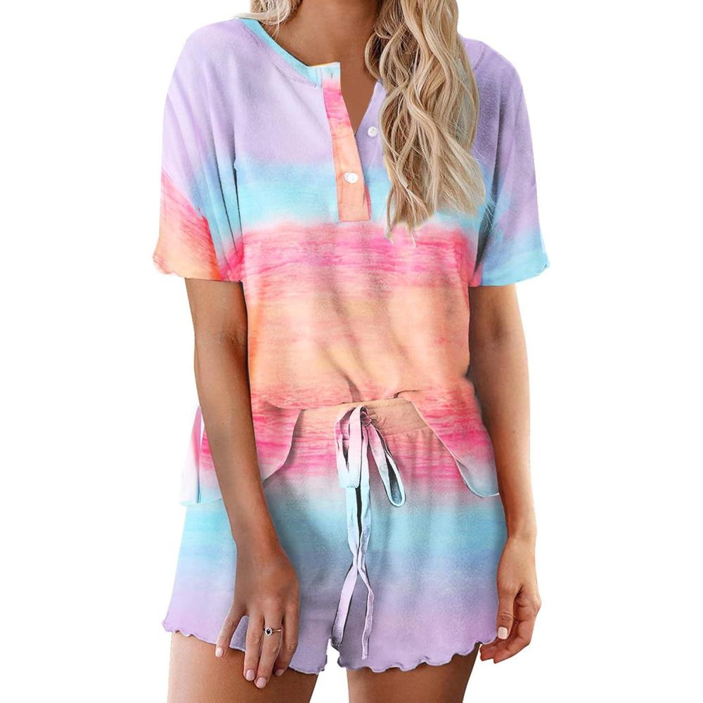 imageEkouaer Pajamas Set for Women Short Sleeve Lounge Set 2 Piece Loungewear PJs Soft Cute Lightweight SleepwearTie Dye Purple Orange
