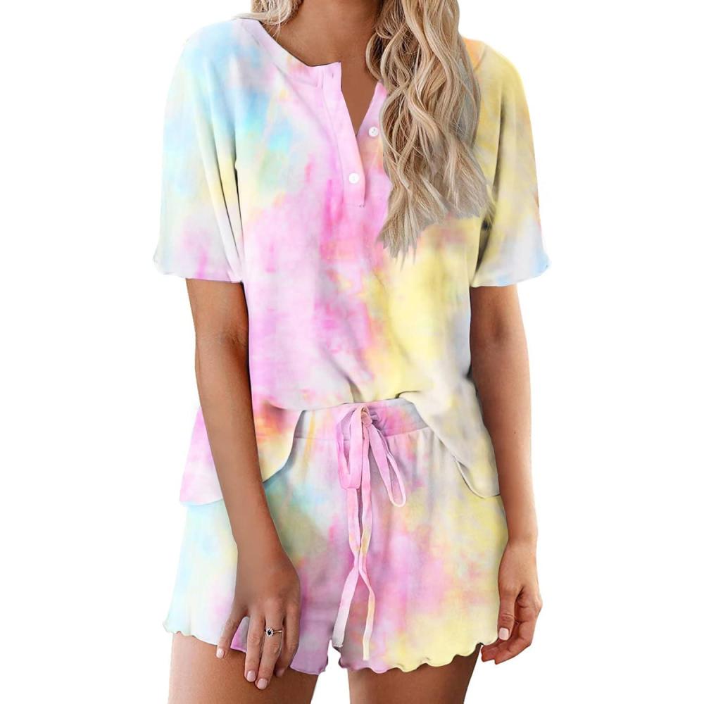 imageEkouaer Pajamas Set for Women Short Sleeve Lounge Set 2 Piece Loungewear PJs Soft Cute Lightweight SleepwearTie Dye Yellow Pink