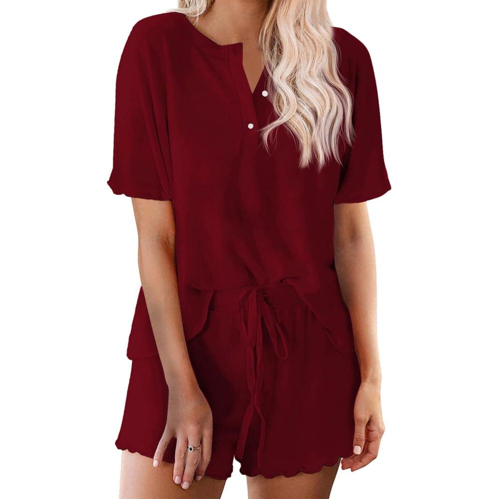 imageEkouaer Pajamas Set for Women Short Sleeve Lounge Set 2 Piece Loungewear PJs Soft Cute Lightweight SleepwearWine Red