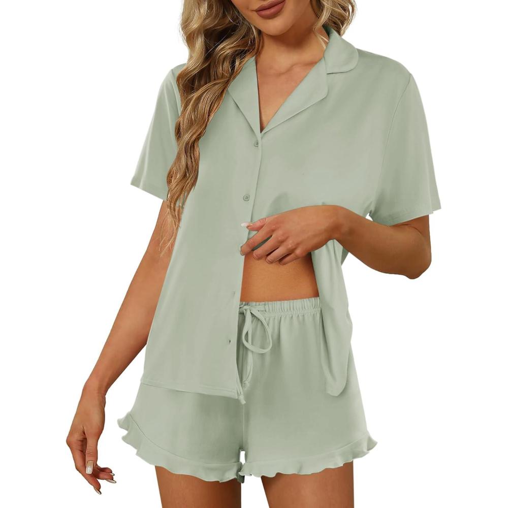 imageEkouaer Pajamas Set for Women Short Sleeve Sleepwear Button Down Pjs Lounge Sets Soft NightwearAqua Green