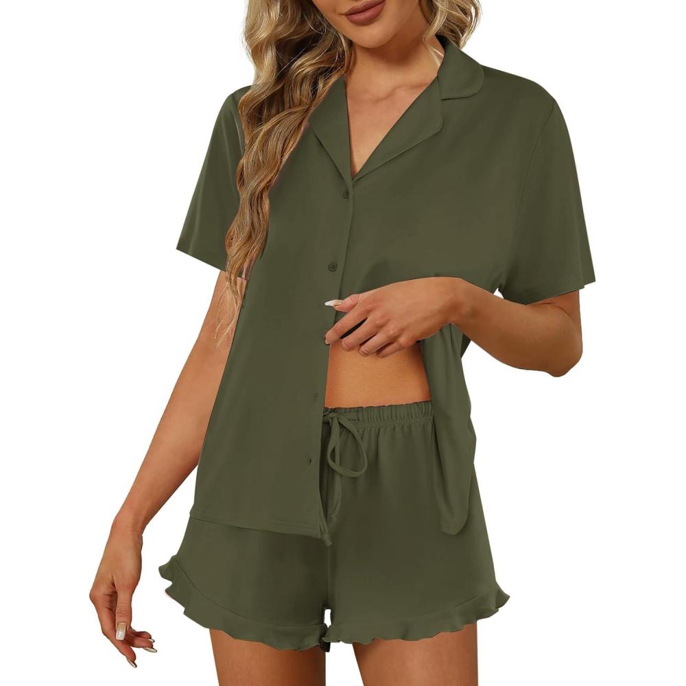 imageEkouaer Pajamas Set for Women Short Sleeve Sleepwear Button Down Pjs Lounge Sets Soft NightwearArmy Green