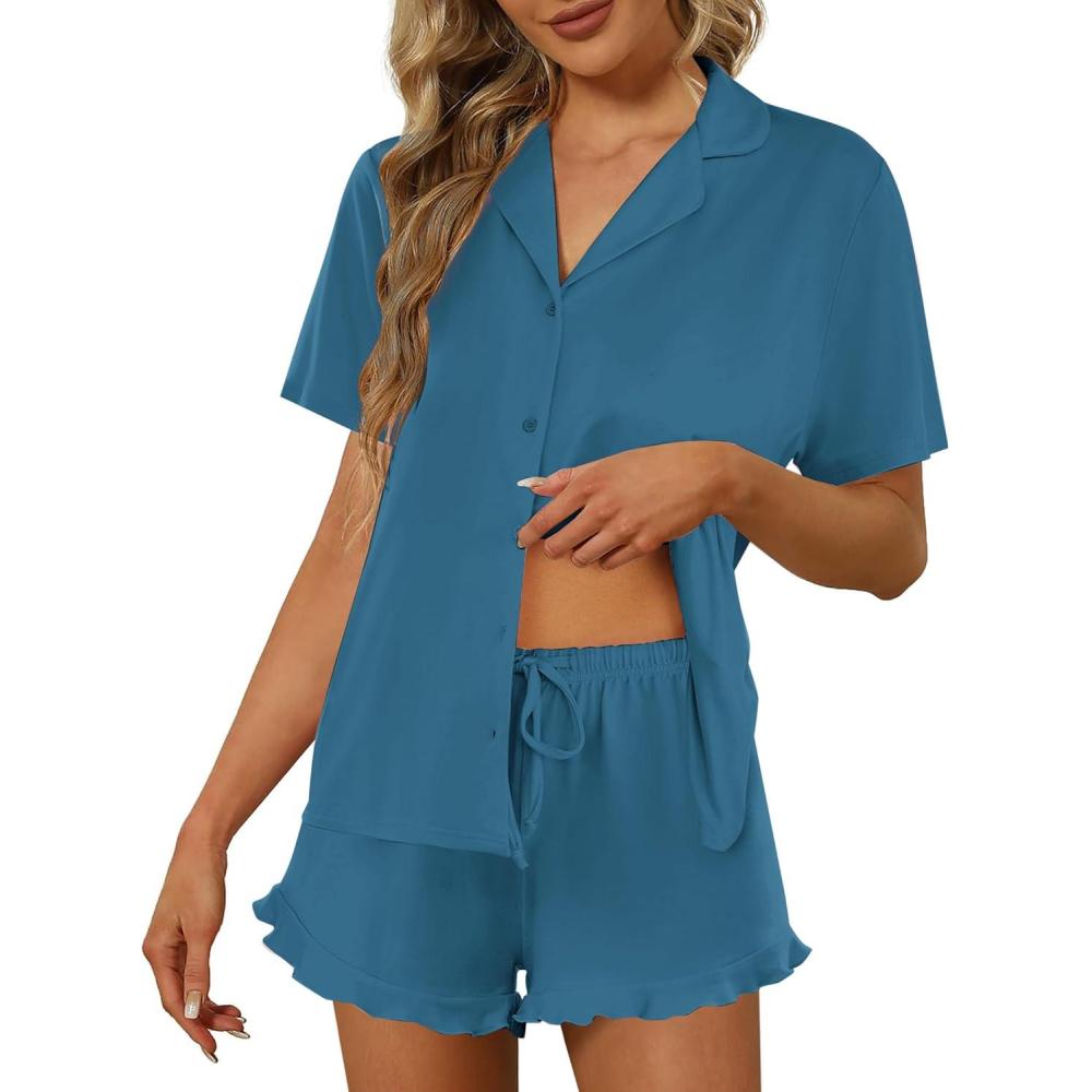 imageEkouaer Pajamas Set for Women Short Sleeve Sleepwear Button Down Pjs Lounge Sets Soft NightwearBlue Green