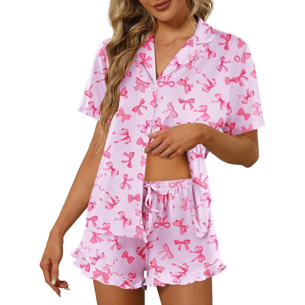 imageEkouaer Pajamas Set for Women Short Sleeve Sleepwear Button Down Pjs Lounge Sets Soft NightwearBow