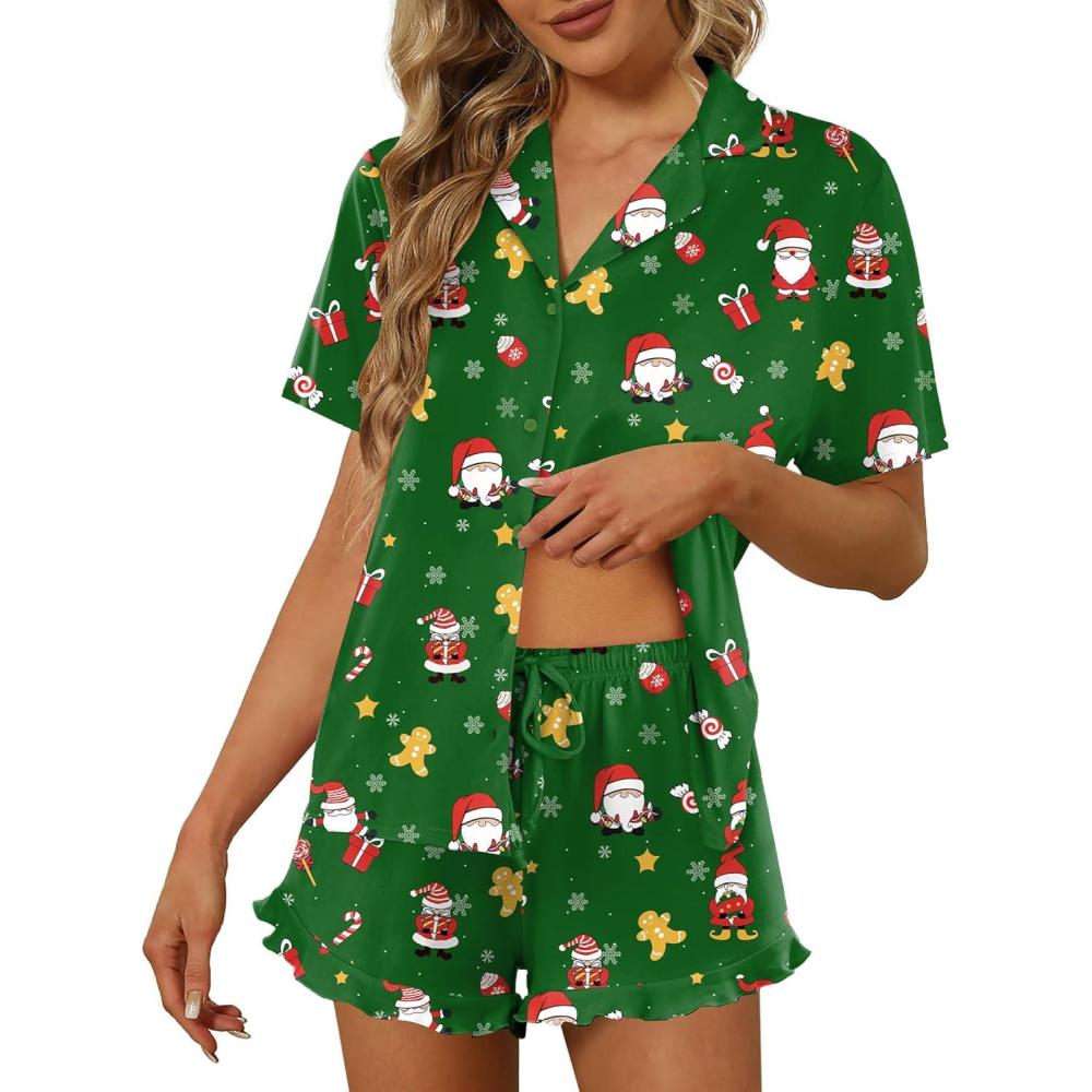 imageEkouaer Pajamas Set for Women Short Sleeve Sleepwear Button Down Pjs Lounge Sets Soft NightwearChristmas Green