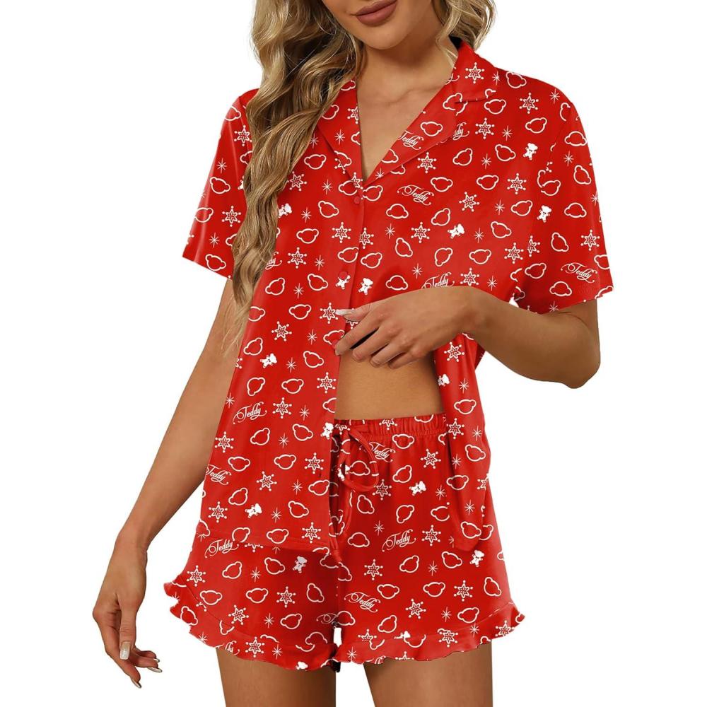 imageEkouaer Pajamas Set for Women Short Sleeve Sleepwear Button Down Pjs Lounge Sets Soft NightwearChristmas Red