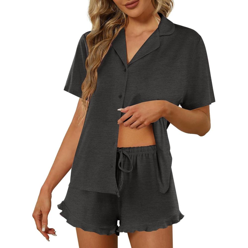 imageEkouaer Pajamas Set for Women Short Sleeve Sleepwear Button Down Pjs Lounge Sets Soft NightwearGray