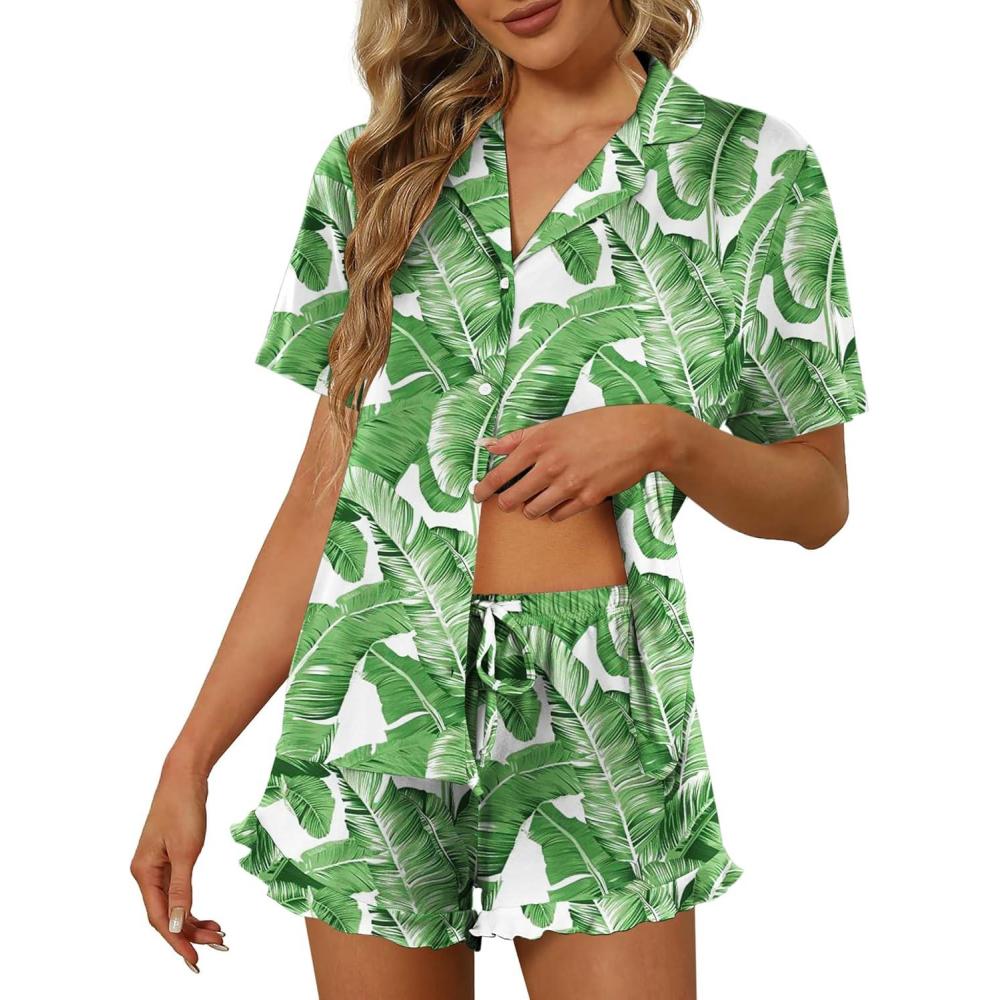 imageEkouaer Pajamas Set for Women Short Sleeve Sleepwear Button Down Pjs Lounge Sets Soft NightwearLeaves