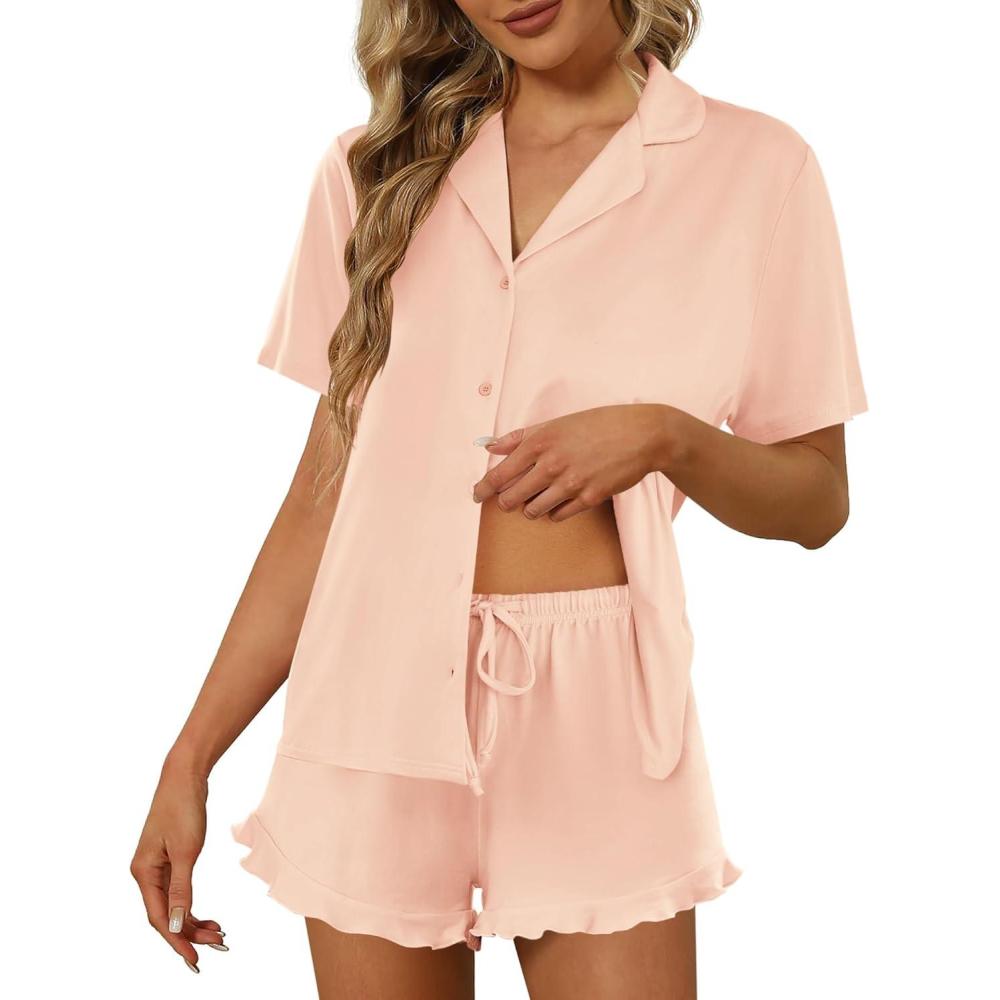 imageEkouaer Pajamas Set for Women Short Sleeve Sleepwear Button Down Pjs Lounge Sets Soft NightwearLight Pink