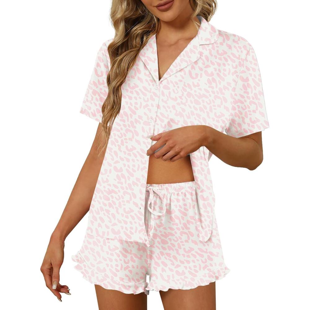 imageEkouaer Pajamas Set for Women Short Sleeve Sleepwear Button Down Pjs Lounge Sets Soft NightwearPink Leopard