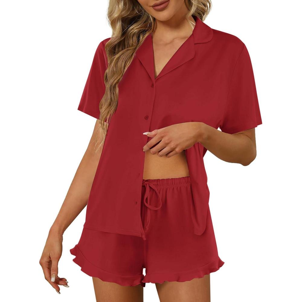 imageEkouaer Pajamas Set for Women Short Sleeve Sleepwear Button Down Pjs Lounge Sets Soft NightwearRed