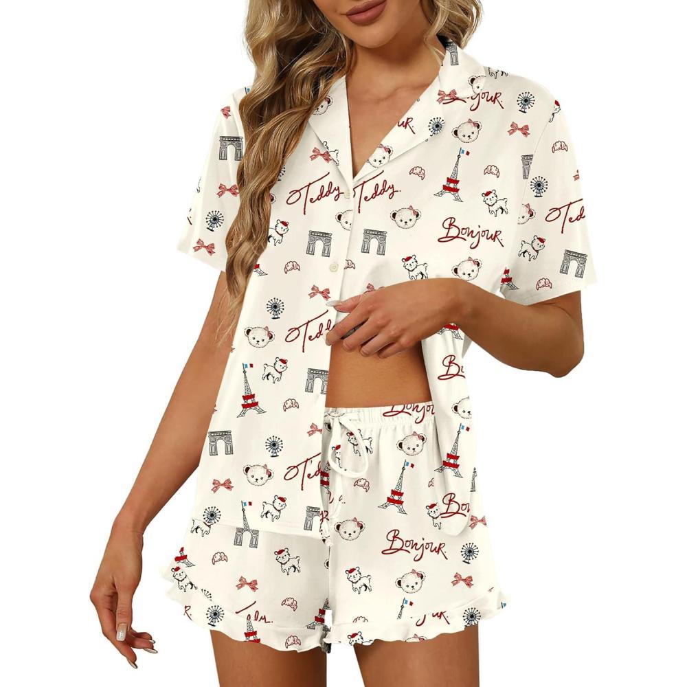 imageEkouaer Pajamas Set for Women Short Sleeve Sleepwear Button Down Pjs Lounge Sets Soft NightwearTeddy Bearkhaki