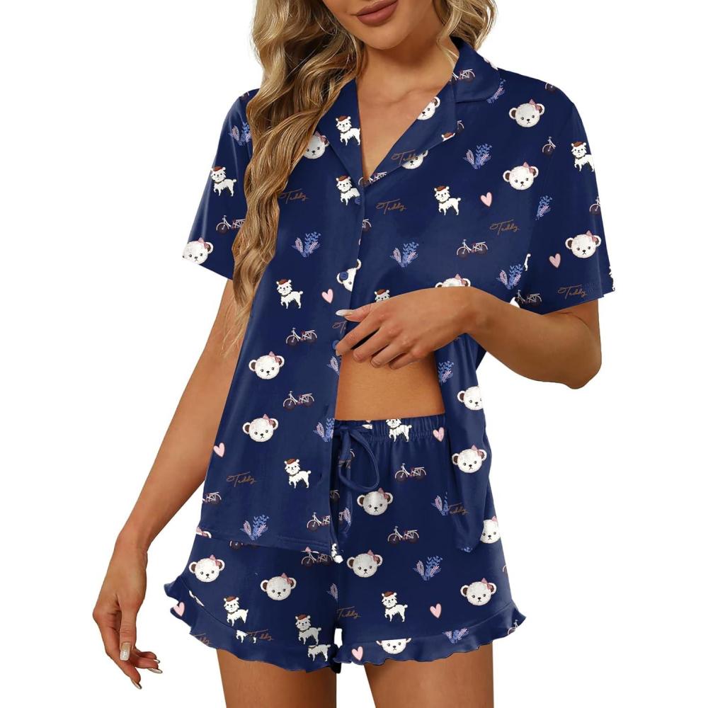 imageEkouaer Pajamas Set for Women Short Sleeve Sleepwear Button Down Pjs Lounge Sets Soft NightwearTeddy Bearnavy Blue