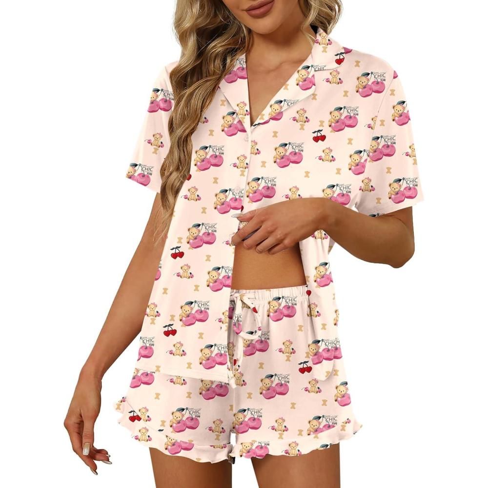 imageEkouaer Pajamas Set for Women Short Sleeve Sleepwear Button Down Pjs Lounge Sets Soft NightwearTeddy Bearpink Cherry