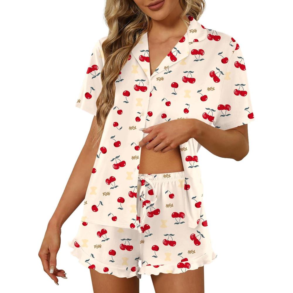 imageEkouaer Pajamas Set for Women Short Sleeve Sleepwear Button Down Pjs Lounge Sets Soft NightwearTeddy Bearred Cherry