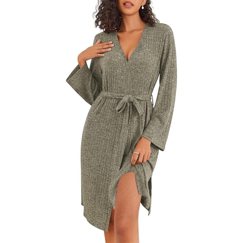 imageEkouaer Robe for Women Ribbed Knit Bathrobe Soft Knee Length Kimono Robes Ladies Sleepwear with Pockets SXXLBrown