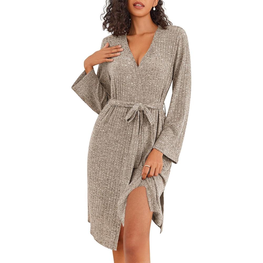 imageEkouaer Robe for Women Ribbed Knit Bathrobe Soft Knee Length Kimono Robes Ladies Sleepwear with Pockets SXXLKhaki