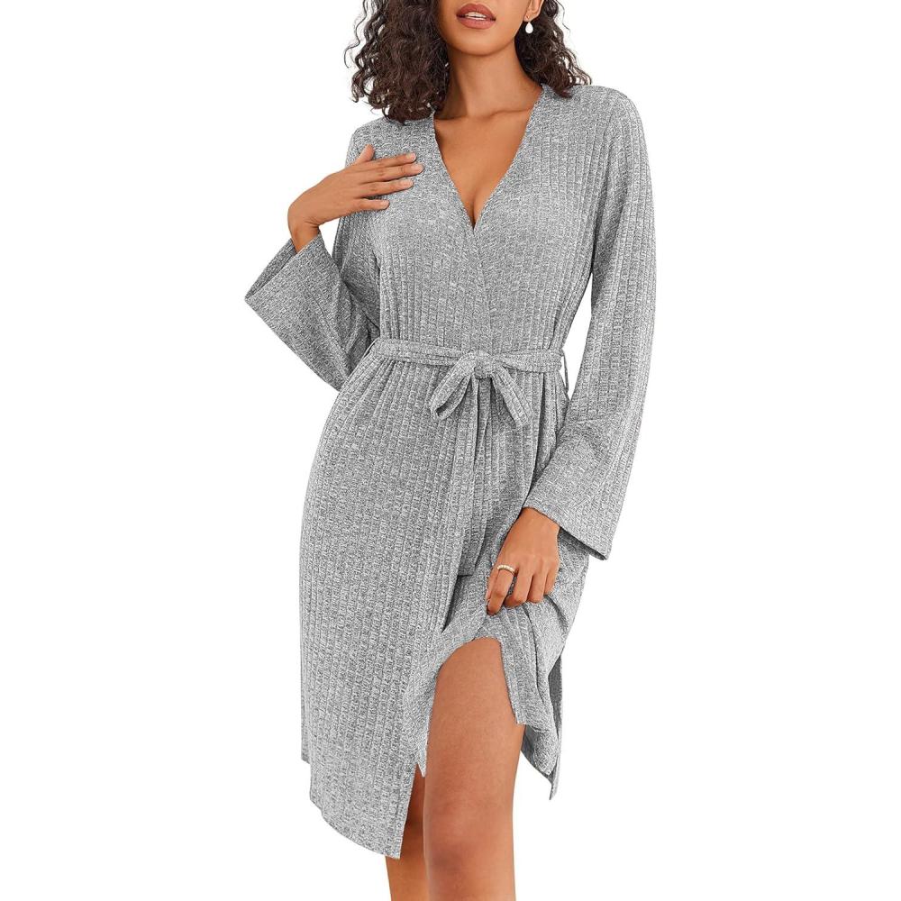 imageEkouaer Robe for Women Ribbed Knit Bathrobe Soft Knee Length Kimono Robes Ladies Sleepwear with Pockets SXXLLight Grey
