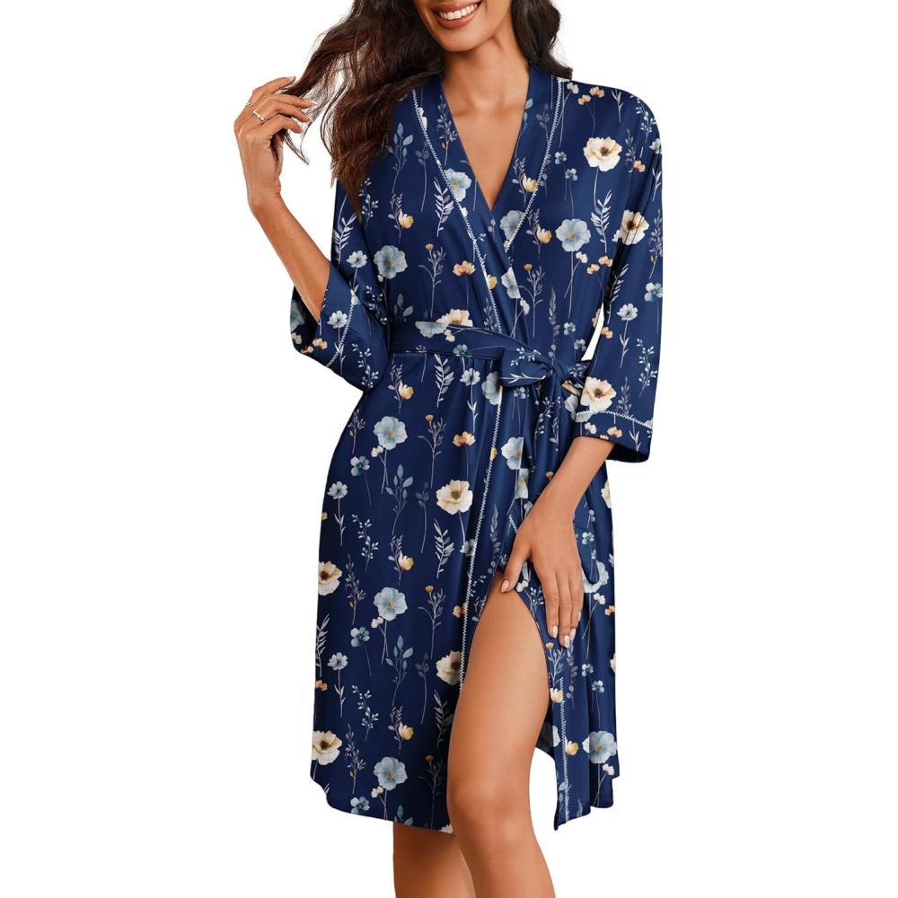 imageEkouaer Robes for Women Knee Length Bathrobe Lightweight Kimono Robe 34 Sleeve Loungewear Soft Sleepwear with Pockets SXXLFloral Navy