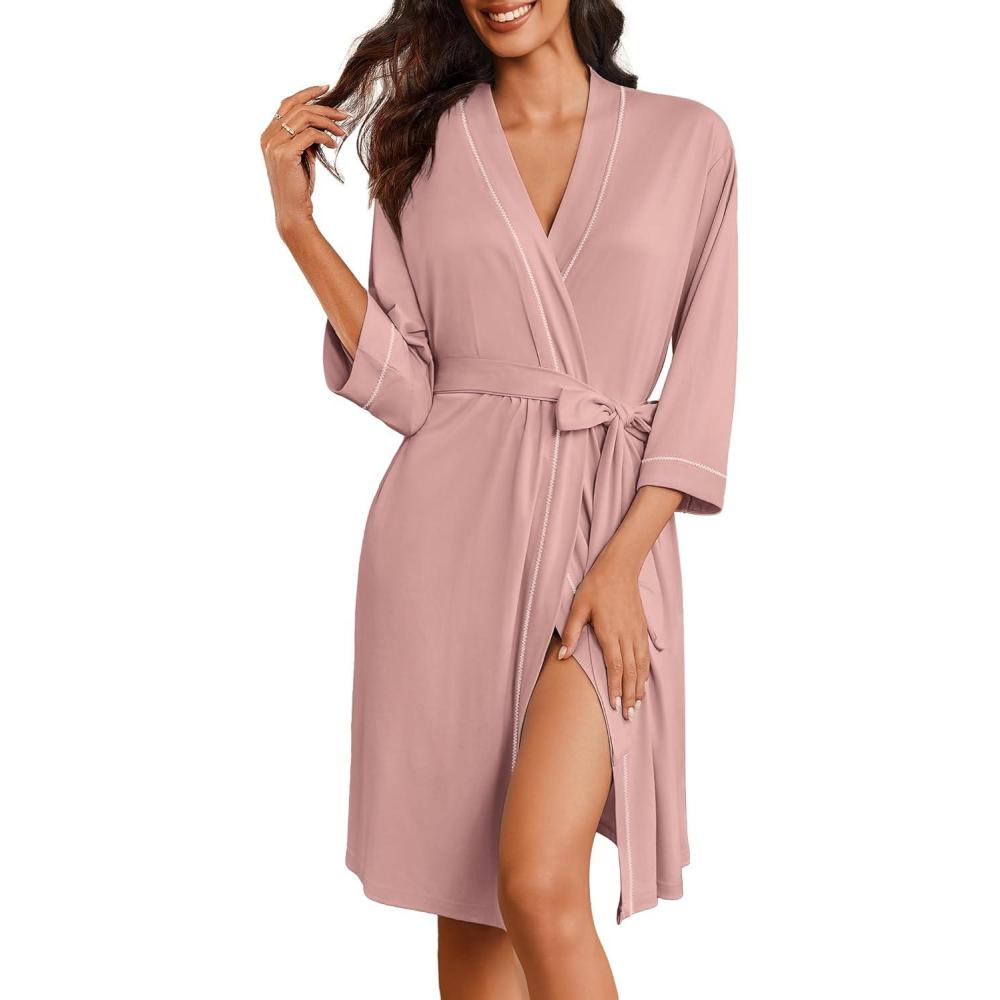 imageEkouaer Robes for Women Knee Length Bathrobe Lightweight Kimono Robe 34 Sleeve Loungewear Soft Sleepwear with Pockets SXXLMisty Rose