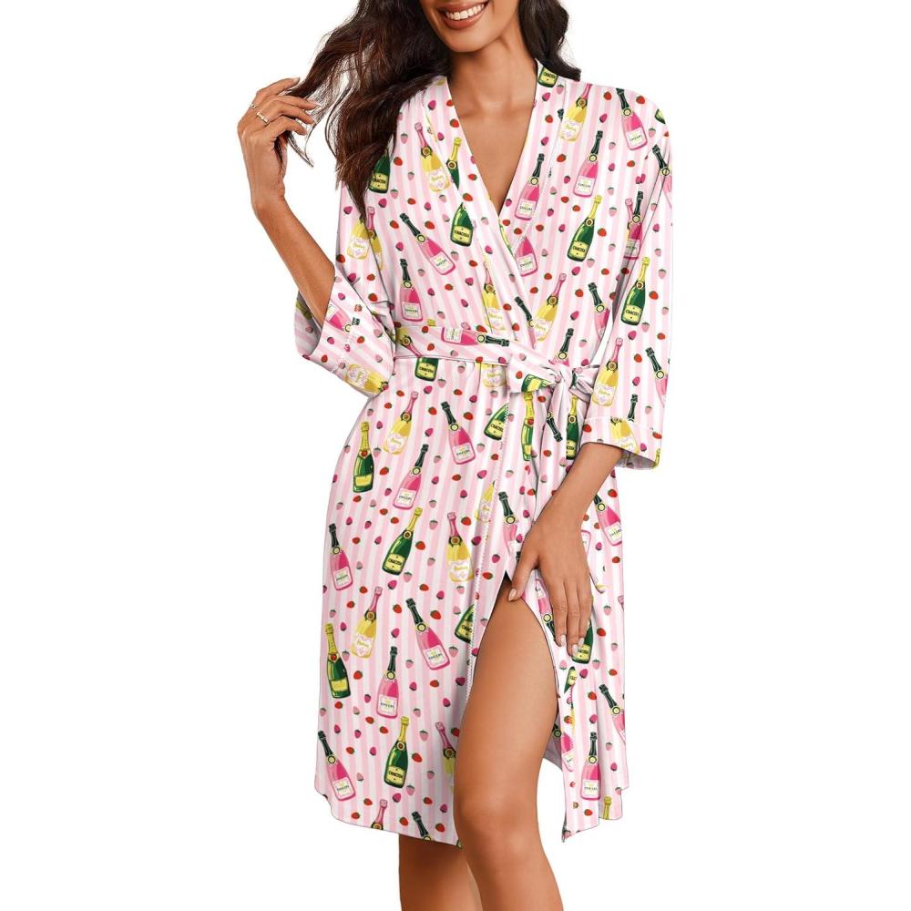 imageEkouaer Robes for Women Knee Length Bathrobe Lightweight Kimono Robe 34 Sleeve Loungewear Soft Sleepwear with Pockets SXXLStriped Wine Bottle