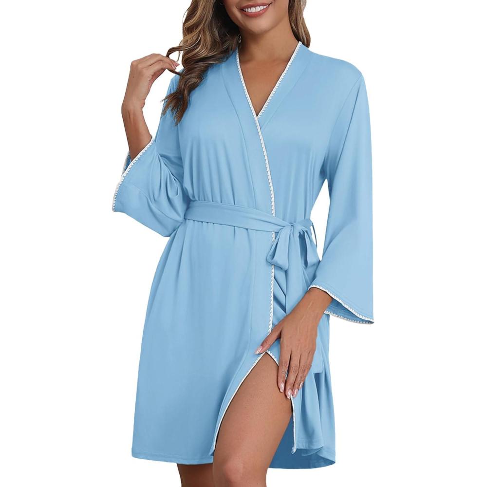 imageEkouaer Robes for Women Knee Length Kimono Bathrobe 34 Sleeve Sleep Robe Cozy Sleepwear with Pockets SXXLLight Blue