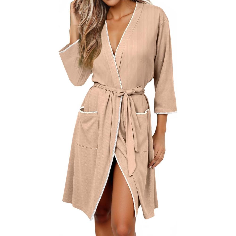 imageEkouaer Robes for Women Ribbed Knit Bathrobe Soft Lightweight Knee Length Kimono Robe Ladies Sleepwear with Pockets SXXLKhaki