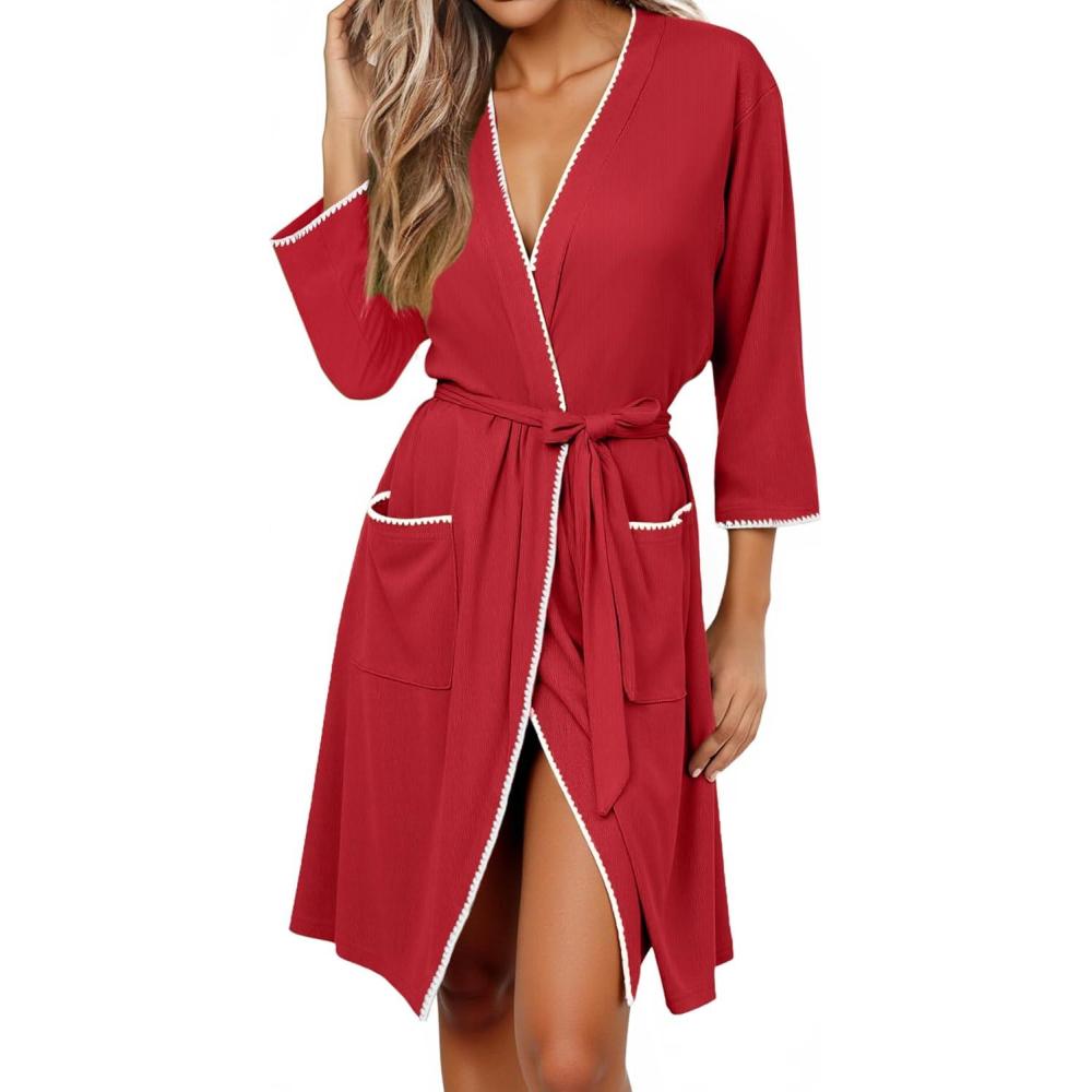 imageEkouaer Robes for Women Ribbed Knit Bathrobe Soft Lightweight Knee Length Kimono Robe Ladies Sleepwear with Pockets SXXLRed