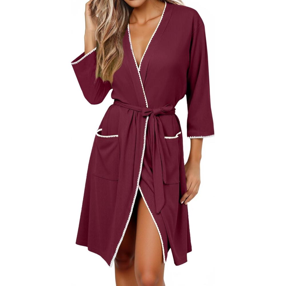 imageEkouaer Robes for Women Ribbed Knit Bathrobe Soft Lightweight Knee Length Kimono Robe Ladies Sleepwear with Pockets SXXLWine Red