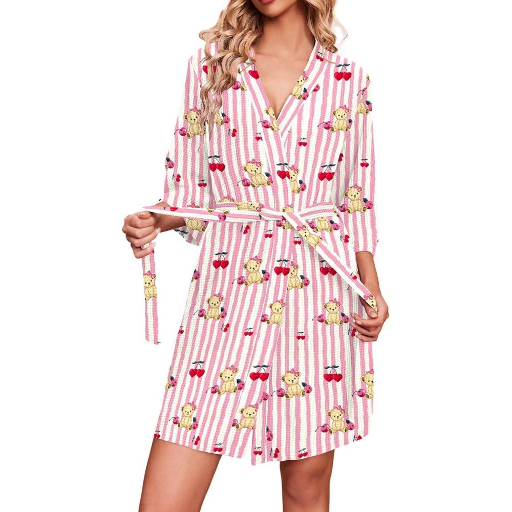 imageEkouaer Robes for Women Waffle Knit Bathrobe Soft Lightweight Knee Length Loungewear SXXLPink Stripe Teddy Bear