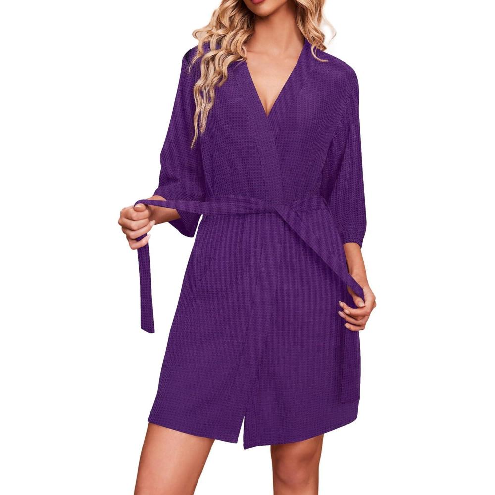 imageEkouaer Robes for Women Waffle Knit Bathrobe Soft Lightweight Knee Length Loungewear SXXLPurple