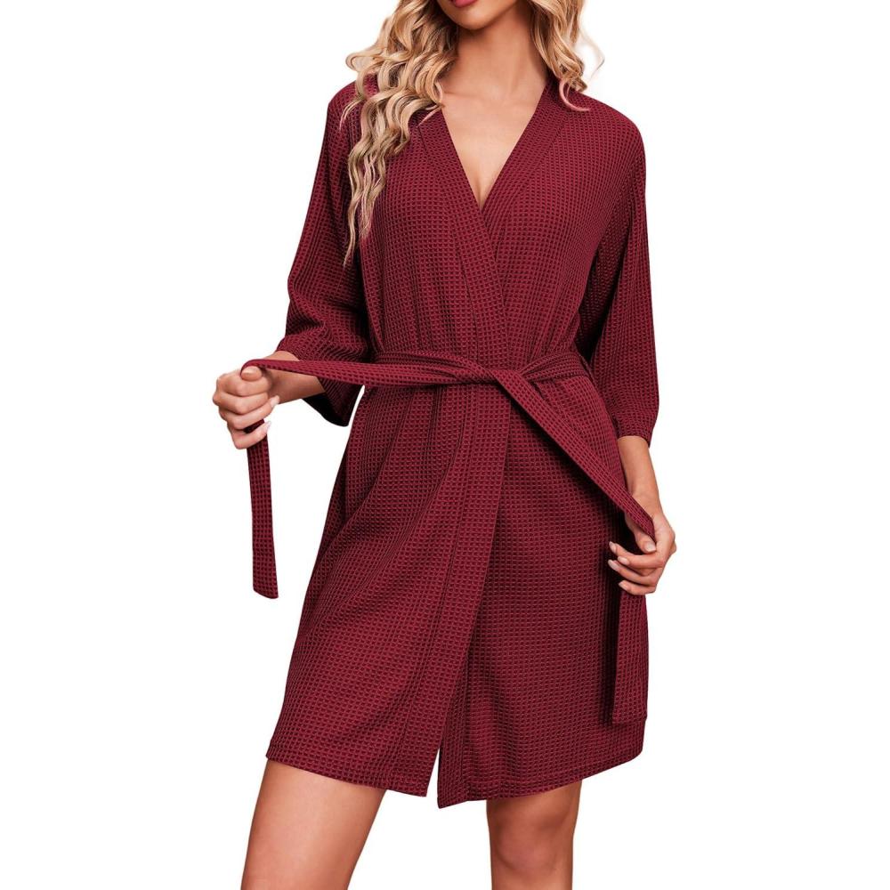 imageEkouaer Robes for Women Waffle Knit Bathrobe Soft Lightweight Knee Length Loungewear SXXLWine Red