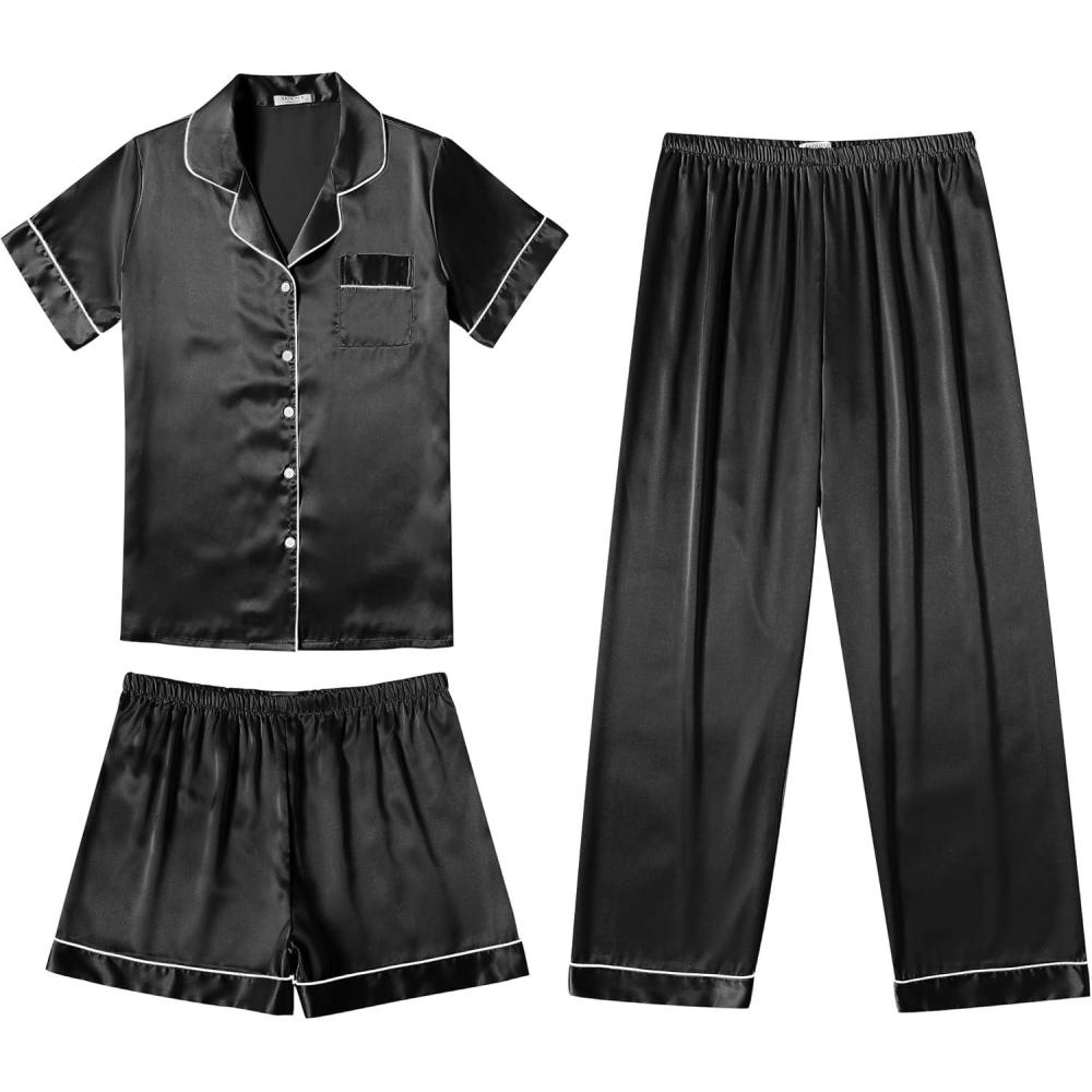 imageEkouaer Silk Pajamas for Women Set Satin Pjs Soft Short Sleeve Button Down Sleepwear 3 Piece Loungewear SXXLBlack