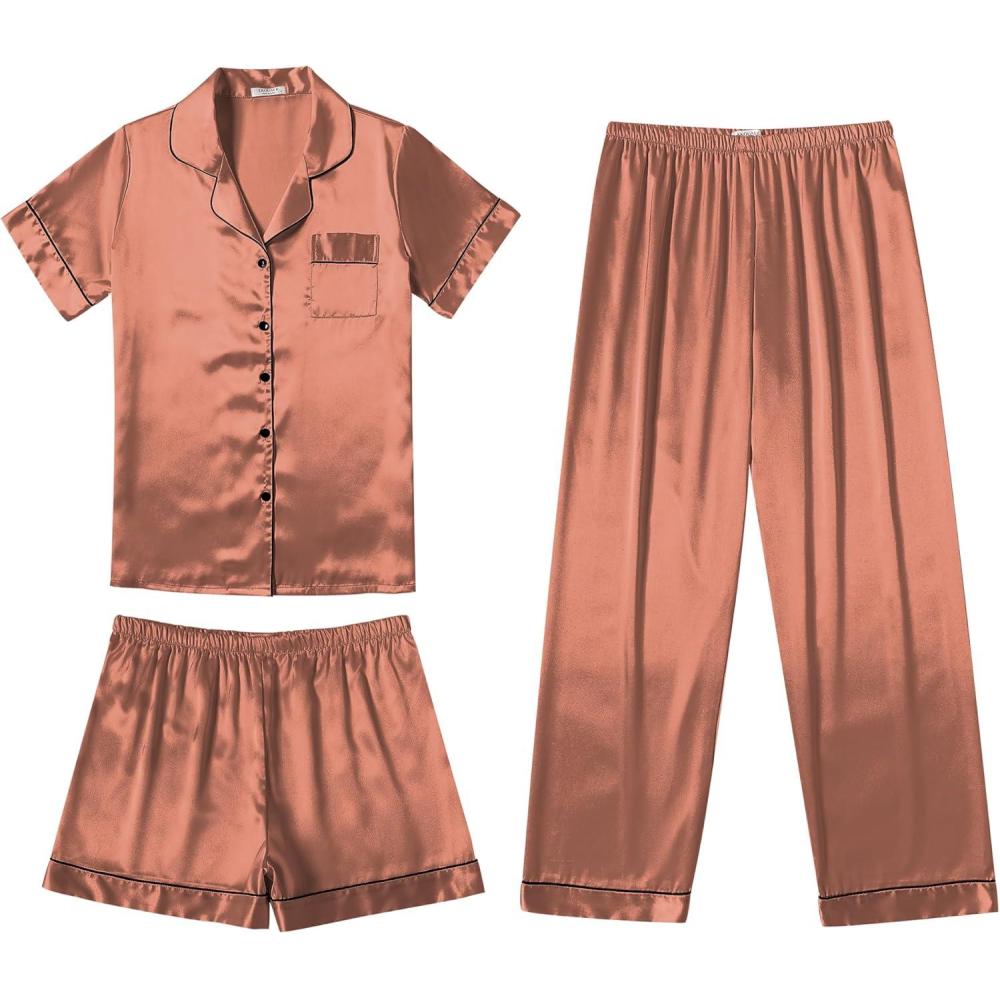 imageEkouaer Silk Pajamas for Women Set Satin Pjs Soft Short Sleeve Button Down Sleepwear 3 Piece Loungewear SXXLBrown