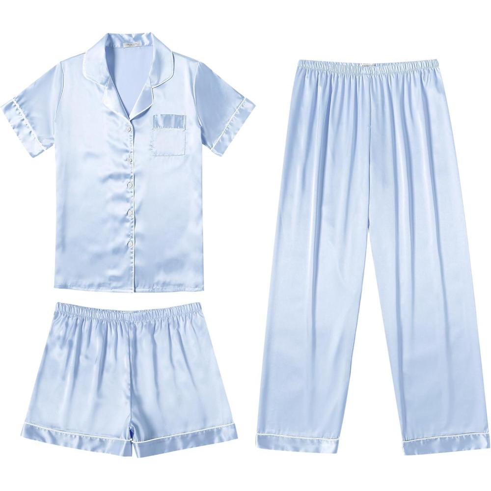 imageEkouaer Silk Pajamas for Women Set Satin Pjs Soft Short Sleeve Button Down Sleepwear 3 Piece Loungewear SXXLClear Blue