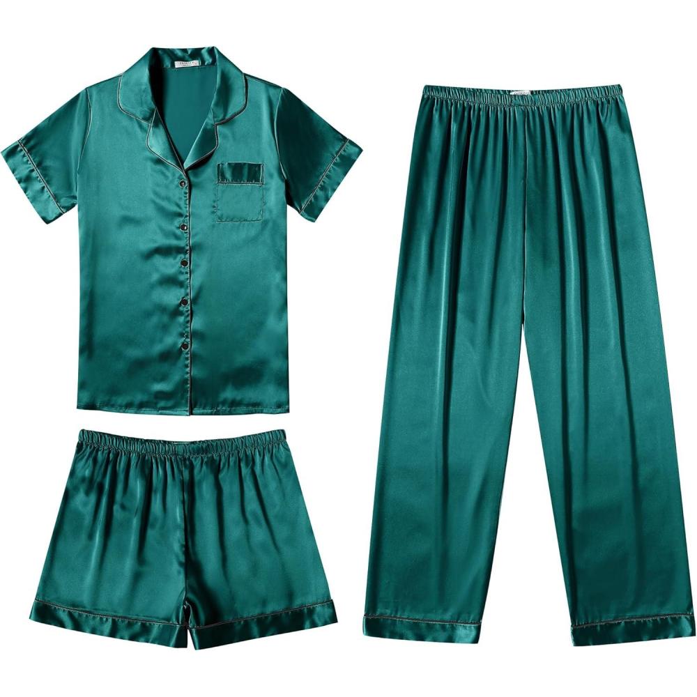 imageEkouaer Silk Pajamas for Women Set Satin Pjs Soft Short Sleeve Button Down Sleepwear 3 Piece Loungewear SXXLDark Green