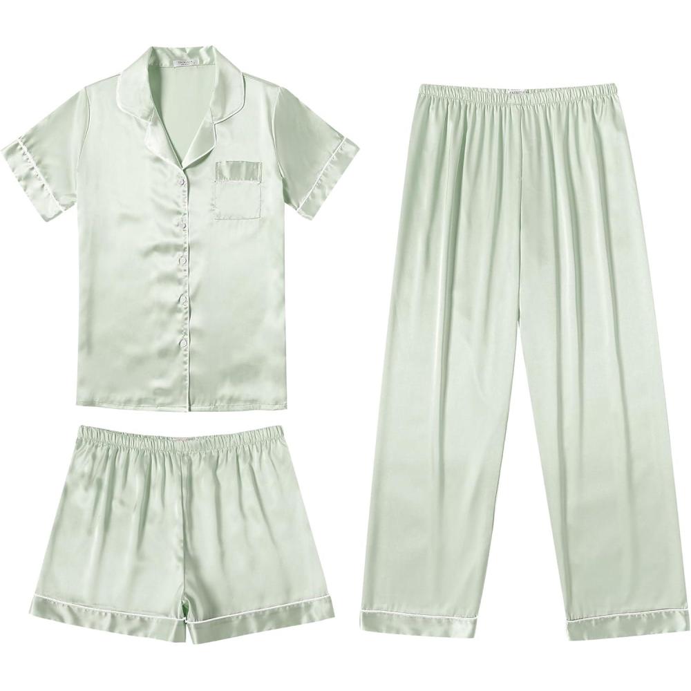 imageEkouaer Silk Pajamas for Women Set Satin Pjs Soft Short Sleeve Button Down Sleepwear 3 Piece Loungewear SXXLLight Green