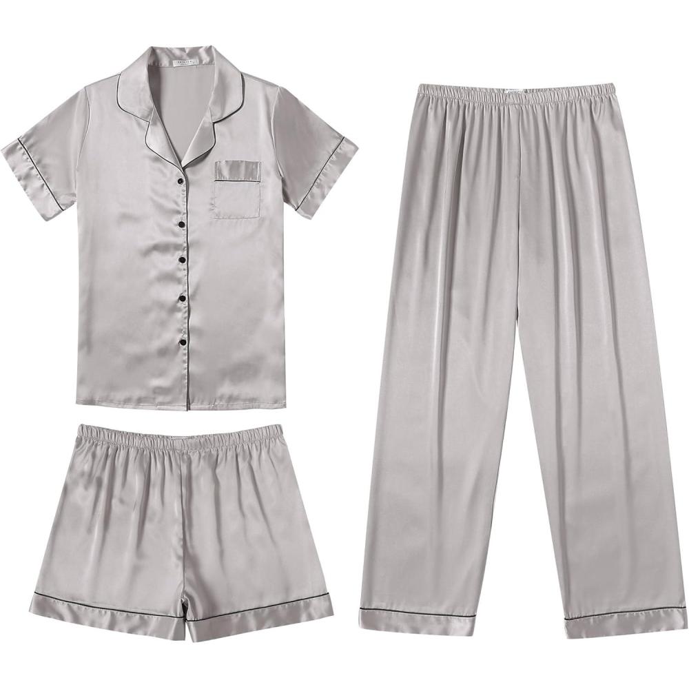 imageEkouaer Silk Pajamas for Women Set Satin Pjs Soft Short Sleeve Button Down Sleepwear 3 Piece Loungewear SXXLLight Grey