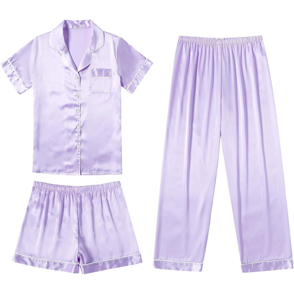 imageEkouaer Silk Pajamas for Women Set Satin Pjs Soft Short Sleeve Button Down Sleepwear 3 Piece Loungewear SXXLLilac