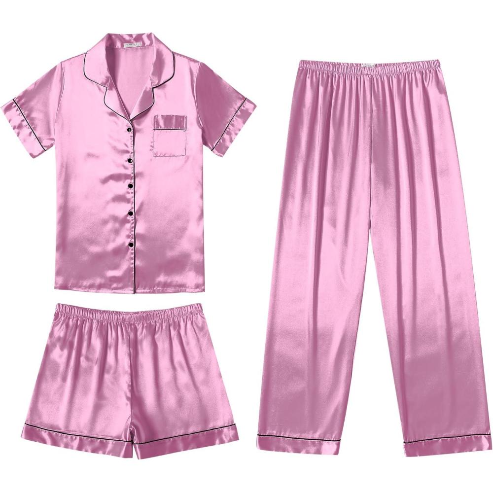 imageEkouaer Silk Pajamas for Women Set Satin Pjs Soft Short Sleeve Button Down Sleepwear 3 Piece Loungewear SXXLMauve Red