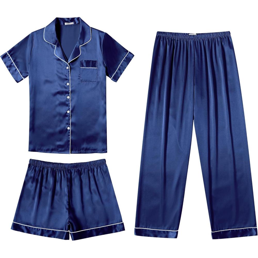 imageEkouaer Silk Pajamas for Women Set Satin Pjs Soft Short Sleeve Button Down Sleepwear 3 Piece Loungewear SXXLNavy Blue