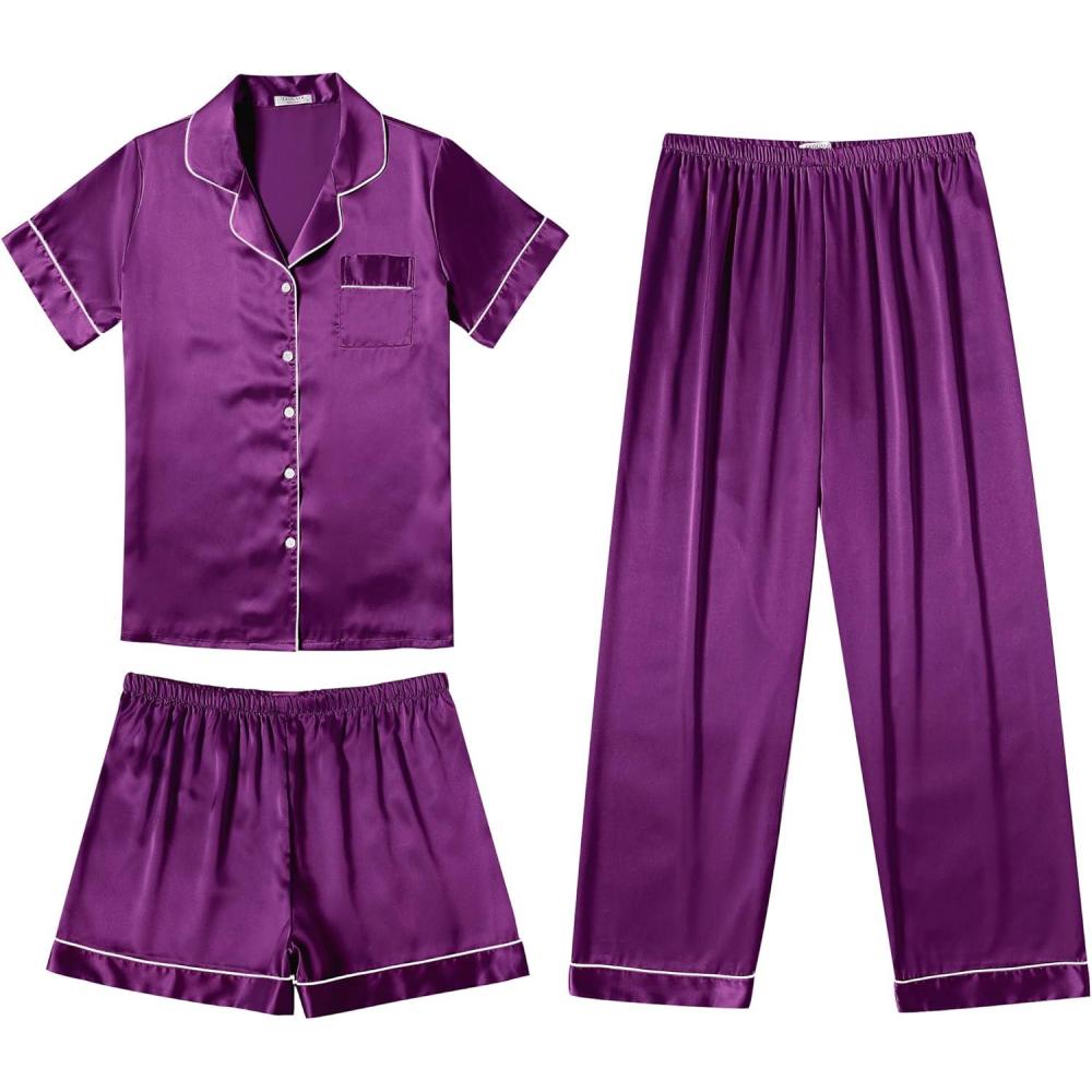 imageEkouaer Silk Pajamas for Women Set Satin Pjs Soft Short Sleeve Button Down Sleepwear 3 Piece Loungewear SXXLPurple
