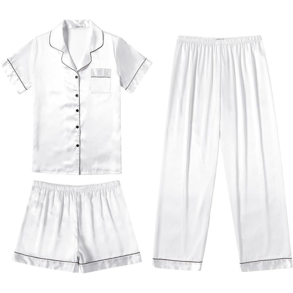 imageEkouaer Silk Pajamas for Women Set Satin Pjs Soft Short Sleeve Button Down Sleepwear 3 Piece Loungewear SXXLWhite