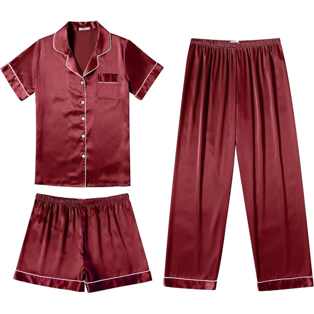 imageEkouaer Silk Pajamas for Women Set Satin Pjs Soft Short Sleeve Button Down Sleepwear 3 Piece Loungewear SXXLWine Red