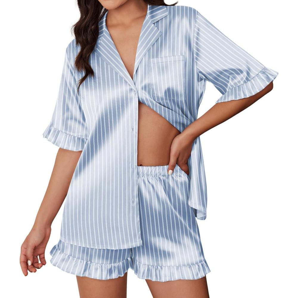 imageEkouaer Silk Satin Pajamas for Women Print 2 Piece Button Down Pjs Shorts Set Ruffle SleepwearBlue Gray Stripes