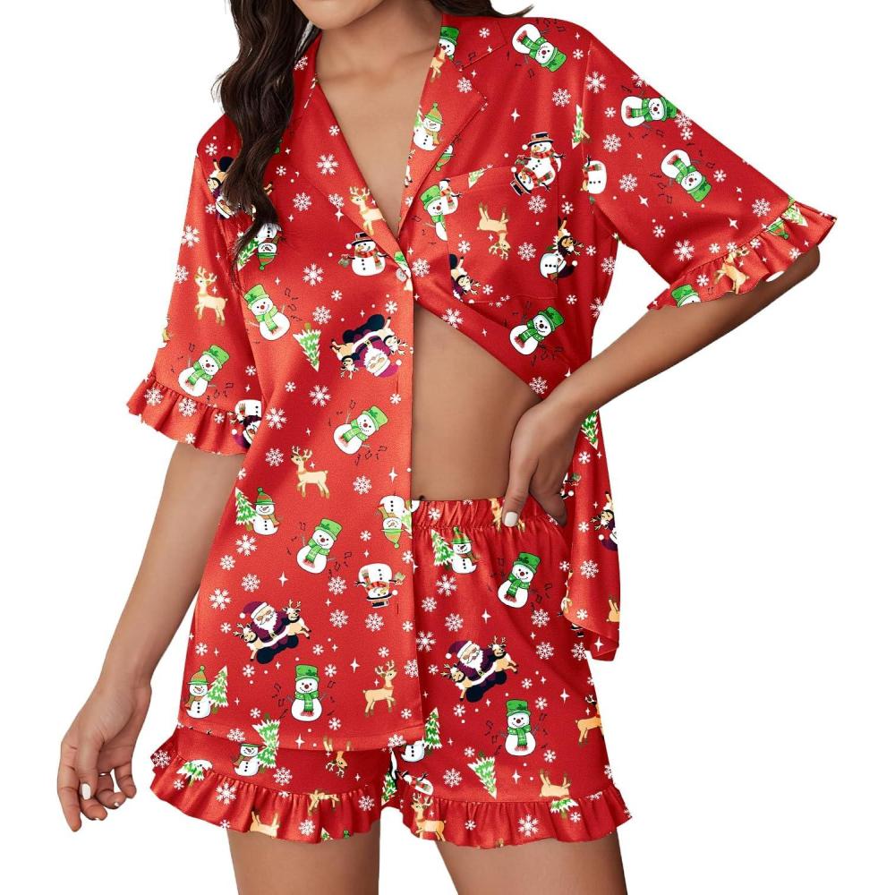 imageEkouaer Silk Satin Pajamas for Women Print 2 Piece Button Down Pjs Shorts Set Ruffle SleepwearRed Christmas Snowman