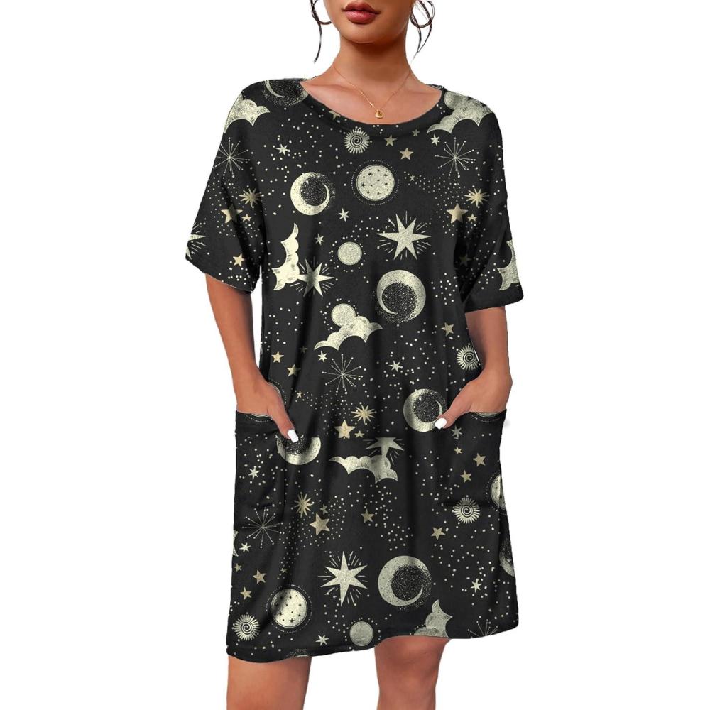 imageEkouaer Sleep Shirts for Women Nightgown Short Sleeves T shirt Night Dress Round Neck Womans Nightgown with Pocket SXXLBlack Moon Star