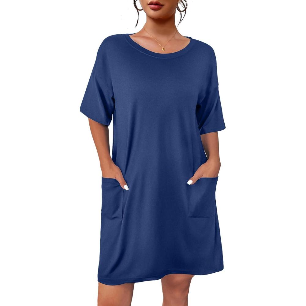 imageEkouaer Sleep Shirts for Women Nightgown Short Sleeves T shirt Night Dress Round Neck Womans Nightgown with Pocket SXXLBlue