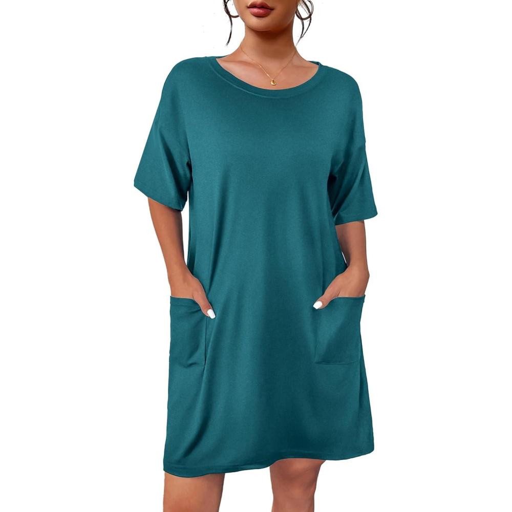 imageEkouaer Sleep Shirts for Women Nightgown Short Sleeves T shirt Night Dress Round Neck Womans Nightgown with Pocket SXXLBlue Green