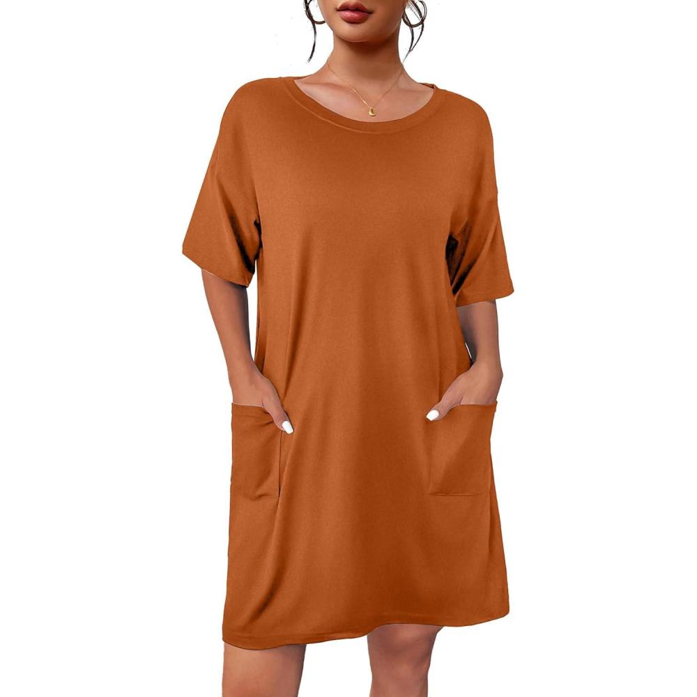 imageEkouaer Sleep Shirts for Women Nightgown Short Sleeves T shirt Night Dress Round Neck Womans Nightgown with Pocket SXXLCaramel
