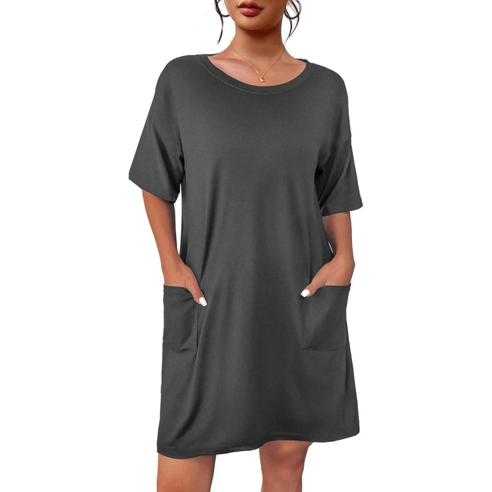 imageEkouaer Sleep Shirts for Women Nightgown Short Sleeves T shirt Night Dress Round Neck Womans Nightgown with Pocket SXXLGrey
